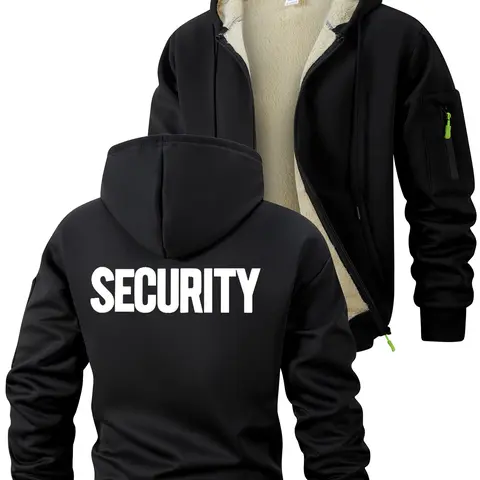 Security Letter Print Sherpa Fleece Lined Jacket for Men, Fall Winter Warm Thermal Plush Outwear Outfits Tops, Casual Cozy Hooded Sweatshirt Coat, Kangaroo Pocket Design, Zipper Pocket Sleeve, Casual Graphic Hoodie