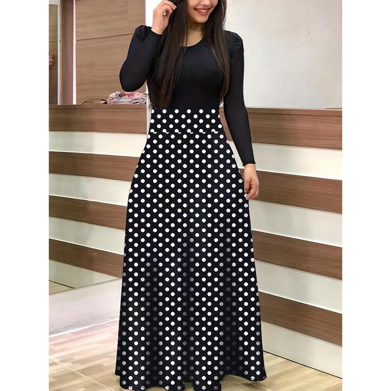 Long Sleeve Elegant Floral Print Maxi Dress, Crew Neck Pleated Women's Clothing Womenswear Geometric