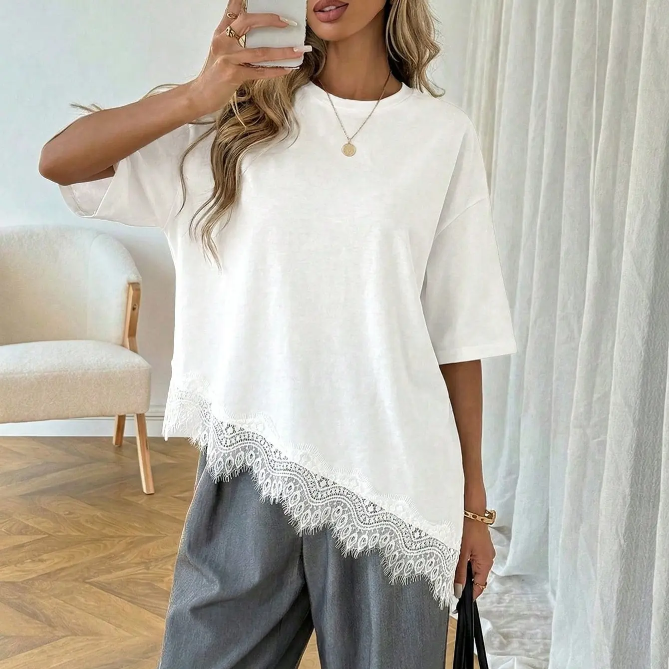 Plus Size Women Short Sleeve T-Shirt, Elegant Asymmetric Diagonal Hem Lace Patchwork Casual Summer Tops, Designer Loose Fit Tees
