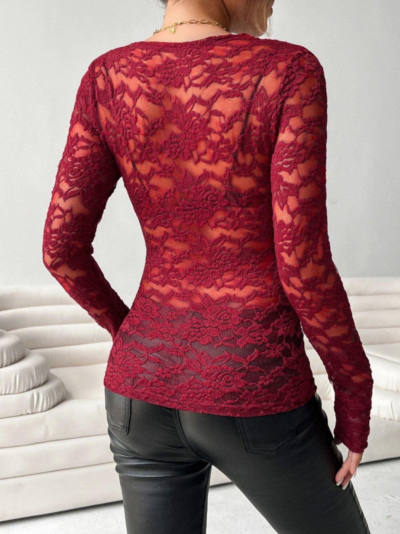 Elegant Women's V-Neck Fan Collar Plain Long Sleeve Slim Fit Lace Blouse, Sexy Style, Perfect for Casual Wear