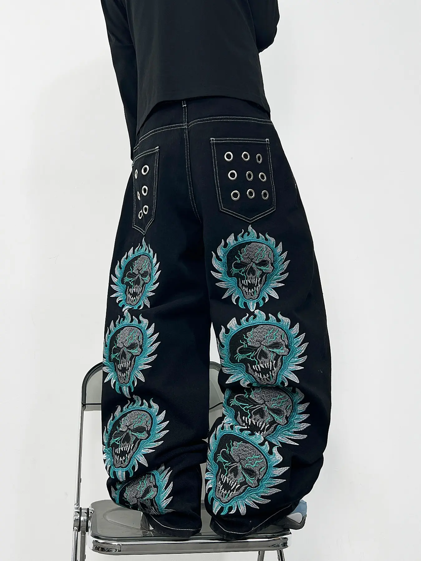 Men's Denim Jeans, Heavy-Duty Skull Embroidery Back Pocket, Metal Eyelet Decor, Straight Leg Wide Leg, Loose Long Pants, Halloween Gift