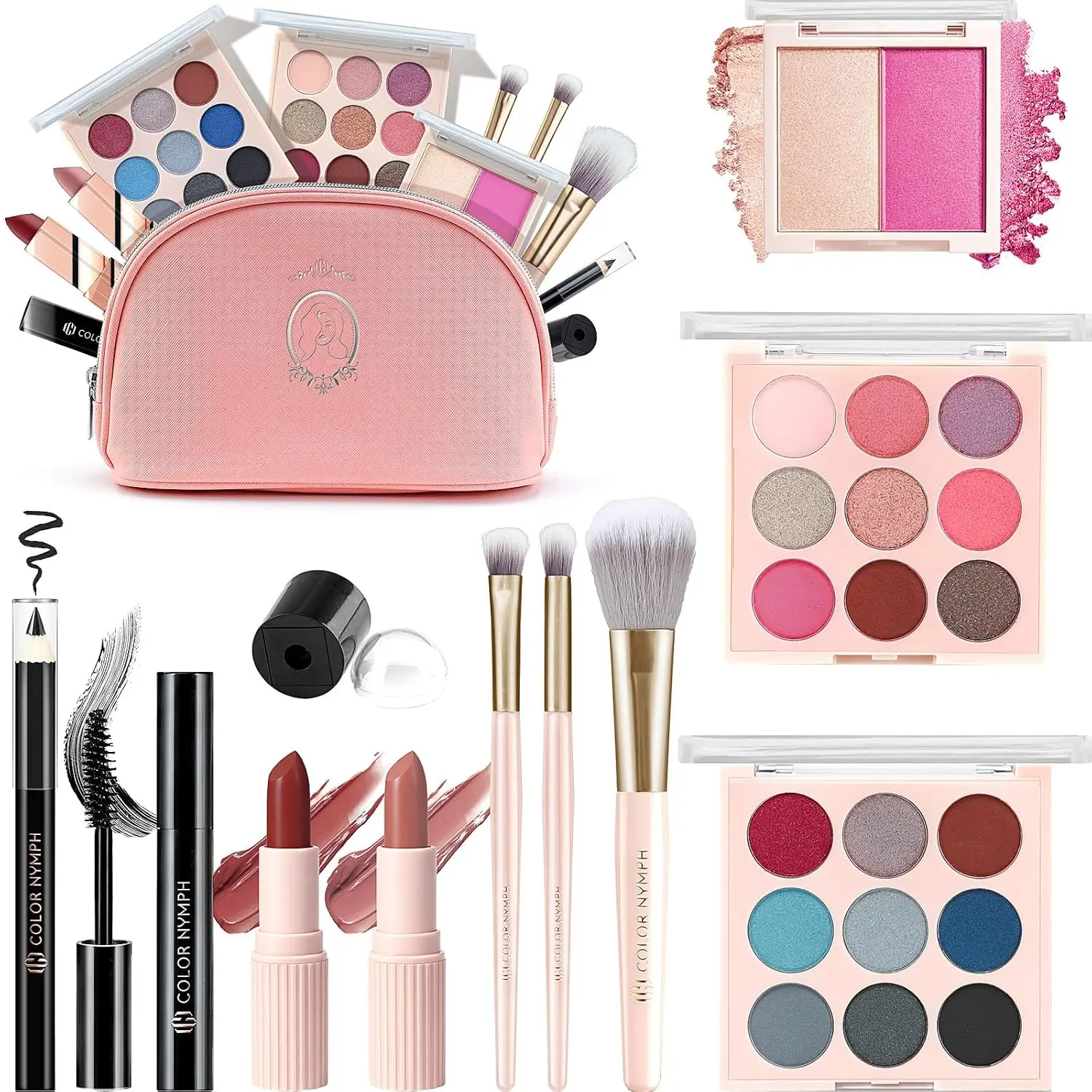 Color Nymph All In One Makeup Kit for Teen Girls Beginner, Makeup Gift Set with Eyeshadow Palette Blush Lipstick Lip Pencil Eye Pencil Brush Mascara Portable Bag - Pink