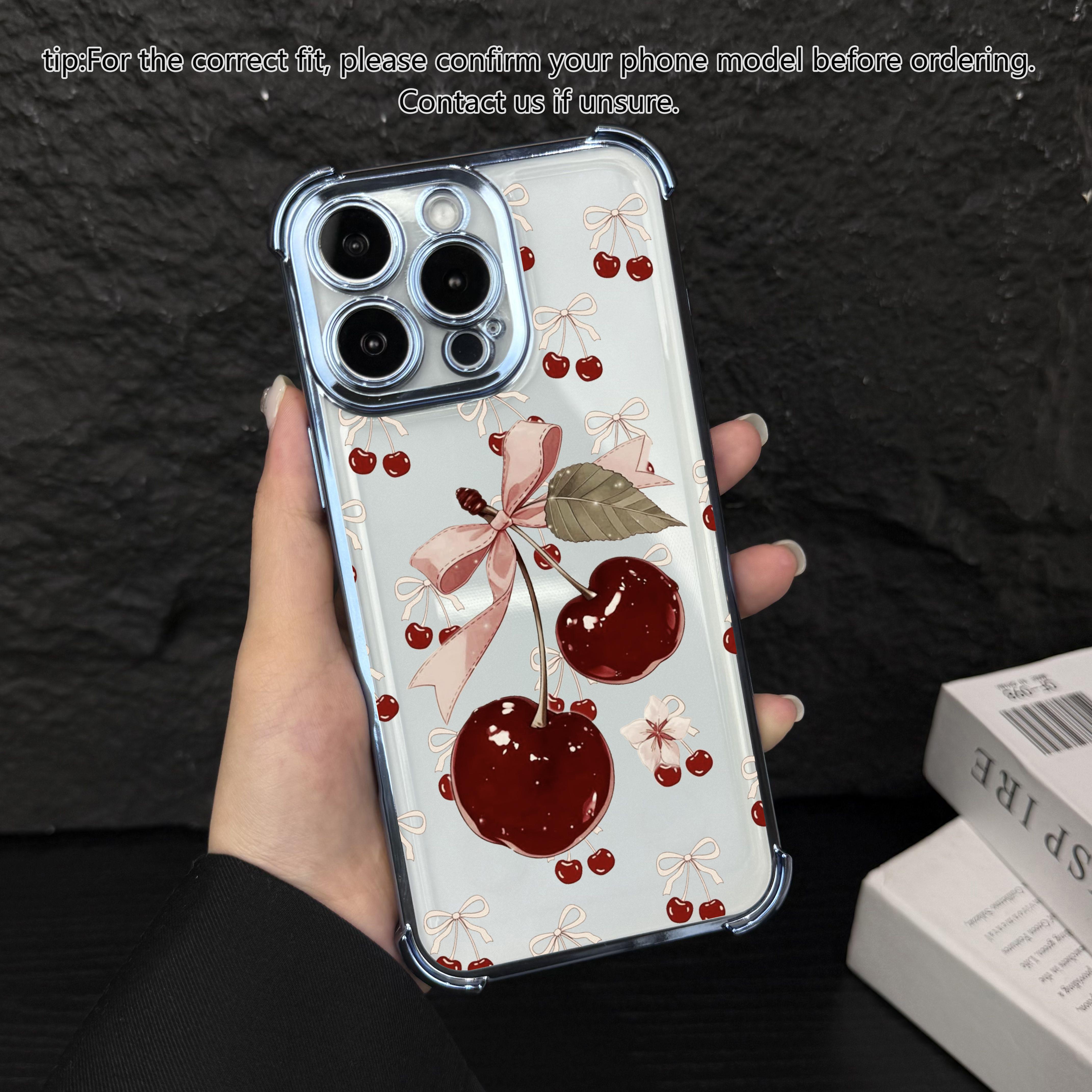 Cute cherry patterned electroplated transparent phone case with four corner airbags to prevent falls, suitable for iPhone 17Pro Max Air 16 15Plus 14 13 12 11 XR XS Samsung Galaxy S26 Ultra S25 Ultra S24 S22 phone case-A186