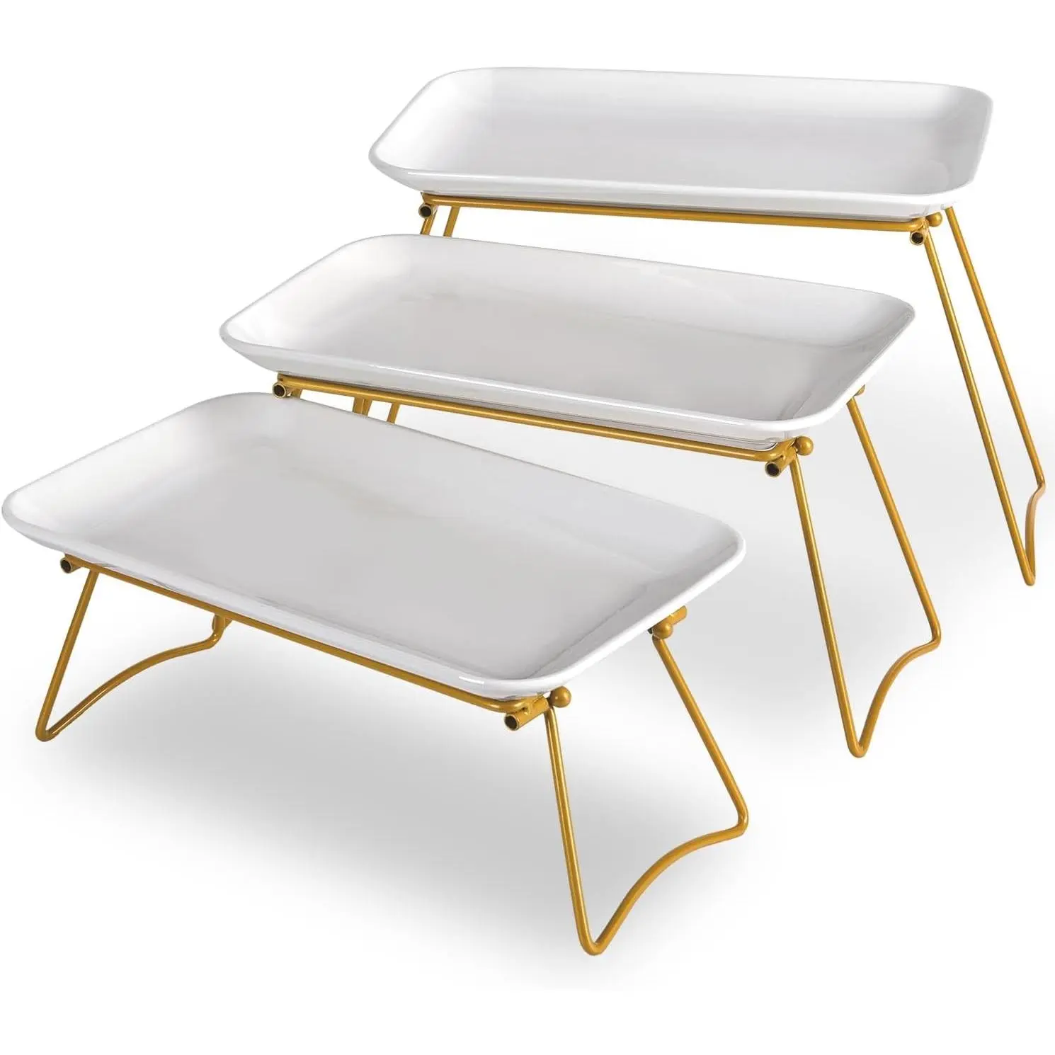 3 Tier Serving Tray Set with Gold Freely Combinable Rack,12 Inch Tiered Tray Stand,Widened Porcelain Platters,Decor Cupcake Stand for Christmas Party Display,Collapsible Dessert Trays
