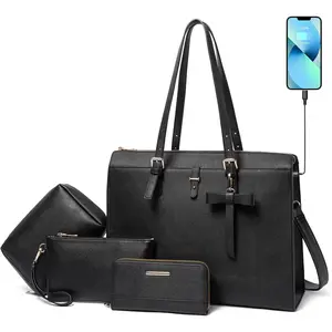 Keyli 4pc Sets Laptop Bag for Women Large Leather Laptop Briefcase with USB Charging Port Computer Shoulder tote Bags Purse