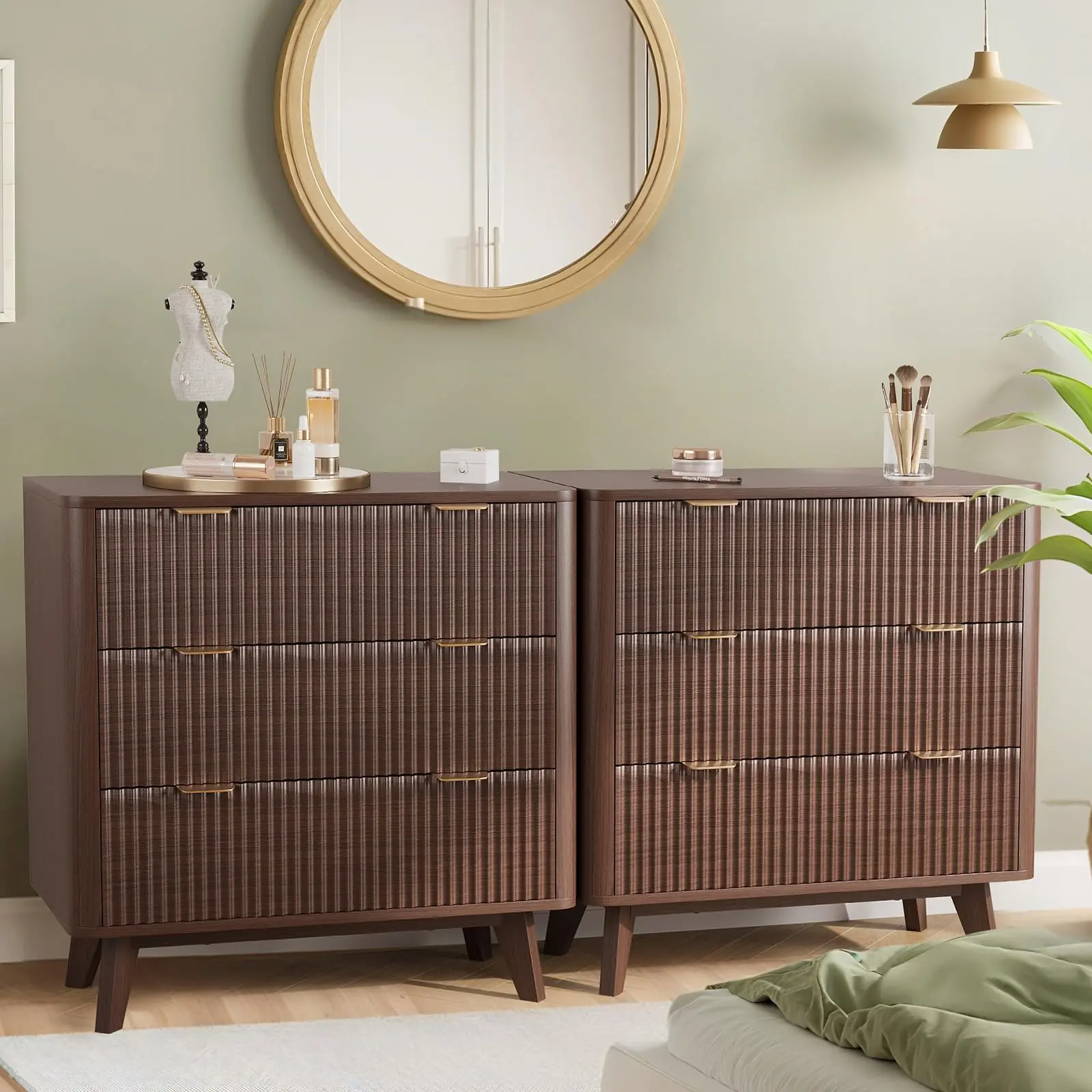 【IdealHouse】Modern Fluted Nightstands Set of 2, 32 Inch Wide 3 Drawer Wooden Bedside Tables with Faux Marble Top and Curved Profile, Storage Furniture for Bedroom Living Room Hallway and Entryway