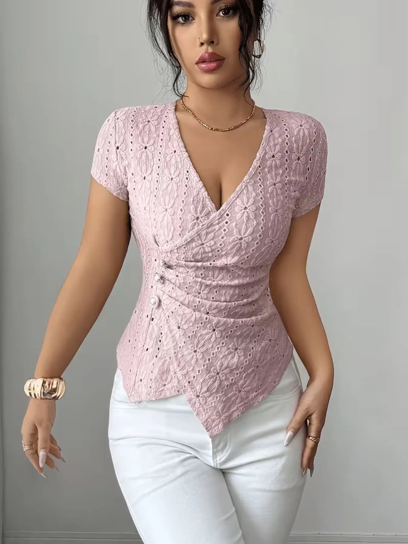 Women's Spring Summer New Fashion Elegant Knitted Lace Button Top, Deep V Neck Waist Cinch Slim Fit T-Shirt, Blouse, Office, Date, Valentine's Day, Vacation