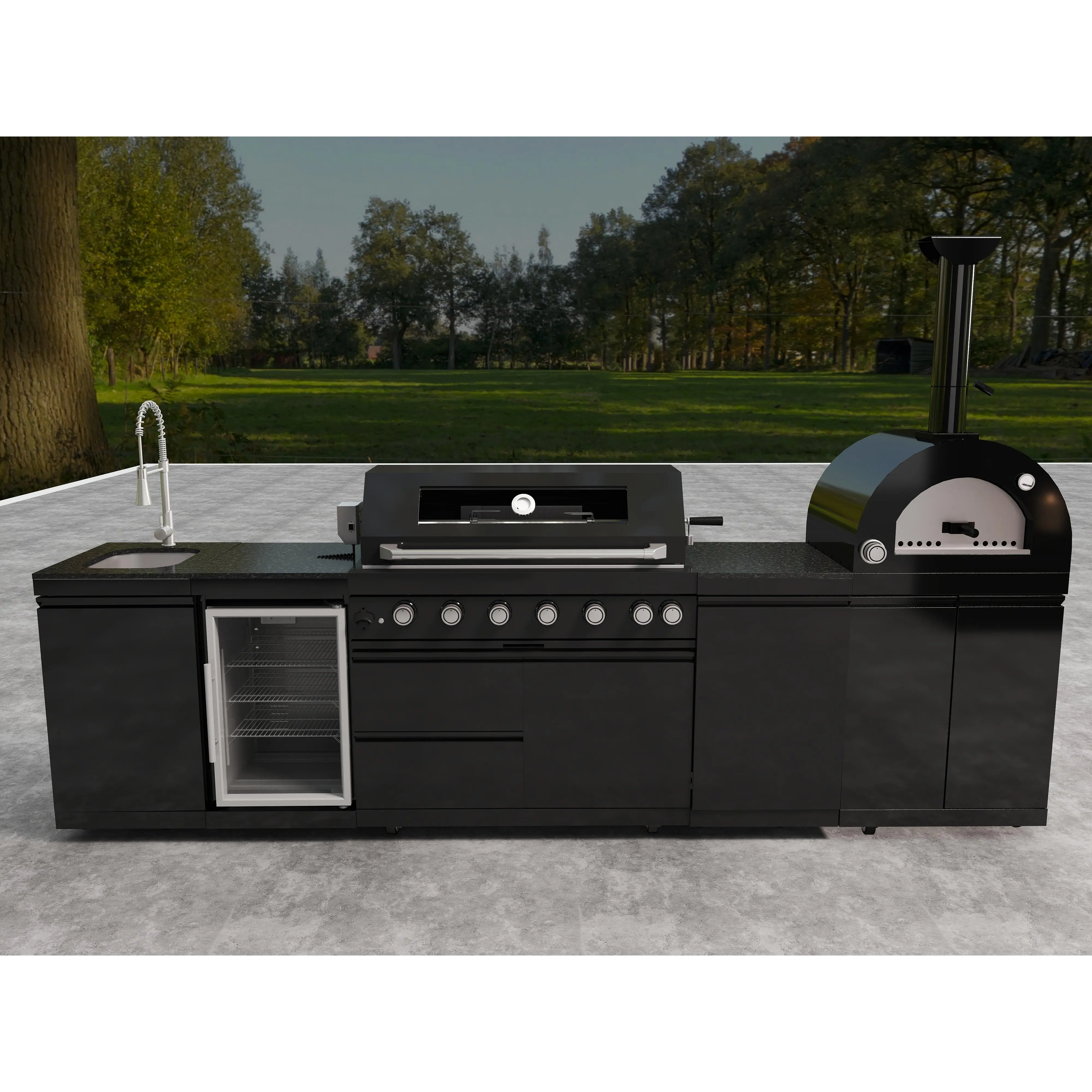 ARCH 128-Inch Outdoor Kitchen Island Grill with Pizza Oven, Wine Cooler, Refrigerator, Rotisserie, Granite Countertops, Storage Cabinets & Drawers, Stainless Steel, Black, 120000 BTU, Garden & Patio Barbecue Bar Station, Black Color Options