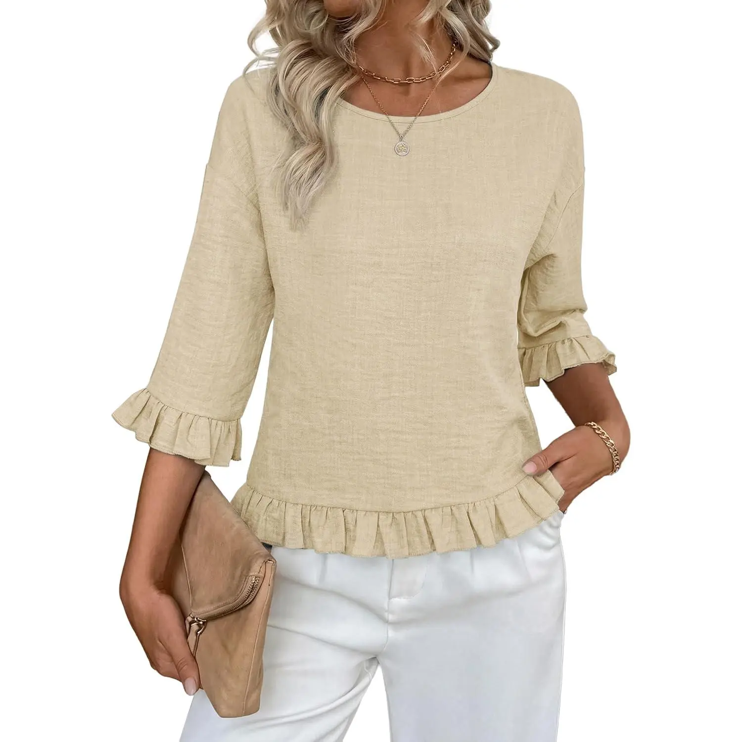 Women's Round Neck Blouse with 3/4 Flowy Ruffle Sleeves, Solid Dressy Casual Top for Summer Work Outfits, Clothes, Tshirts, Lady
