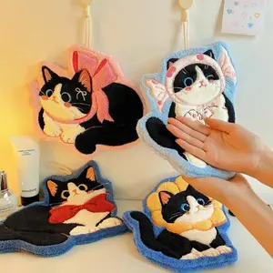 ●Cartoon Coral Velvet Hand Towel For Kitchen Kawaii Cat Hand Wipe Cleaning Cloth Bathroom Hanging Towel Absorbent Clean Rag