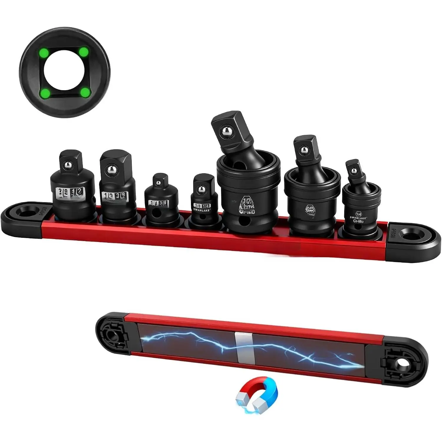 7-  Swivel Socket Adapter Set, 1/4" 3/8" 1/2" Drive  Joint Socket Set CR-MO Steel, Wobble Joint Sockets Reducer with   Sockets Rail