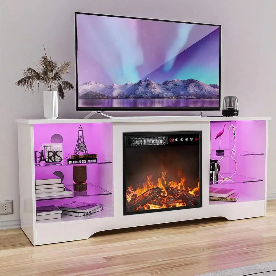 58 Inch Modern Fireplace TV Storage Console, Entertainment Center Built-In 18" Flame Fireplace & RGB LED Light Strip, Compatible With 65" TVs, Remote Control Included