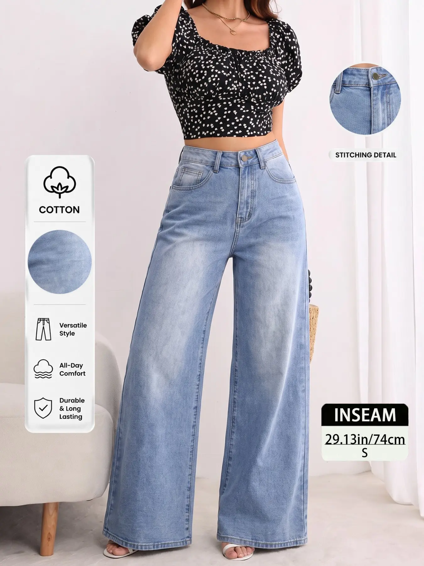 Women's High Waisted Wide Leg Jeans for Summer, Medium Stretch Distressed Denim Pants with Whiskering & Wash, Loose Comfortable Everyday Bottoms, Elegant Chic Style, All Seasons Wear