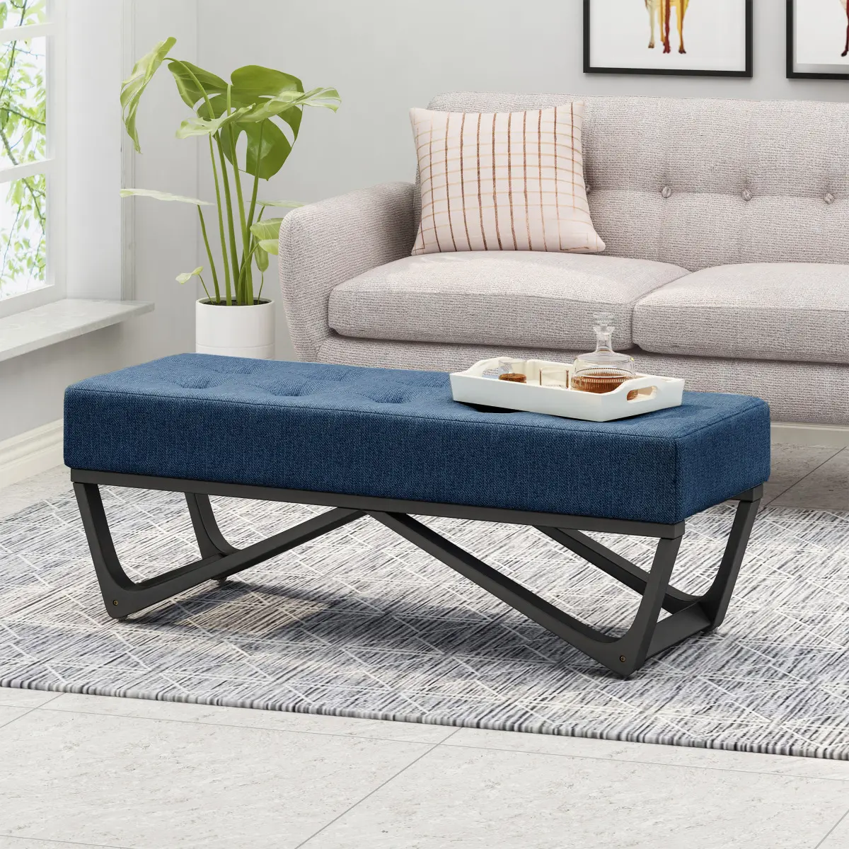 47.25" L x 17.50" W x 16.50" H Modern Rectangular Navy Blue Fabric Tufted Ottoman Bench, Soft Waffle Stitch Cushion, Bentwood Geometric Legs, Multi-Purpose Footrest Accent Stool for Living Room, Bedroom