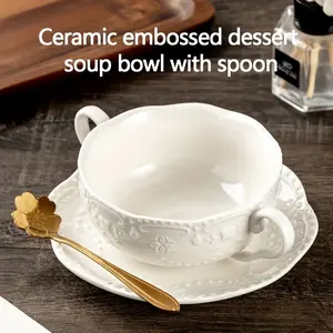 Butterfly Embossed Ceramic Cup & Saucer & Spoon Set, 3 Count/set Including 1 Count Cup, 1 Count Saucer, 1 Count Spoon, Elegant Breakfast Cup Set, Drinkware