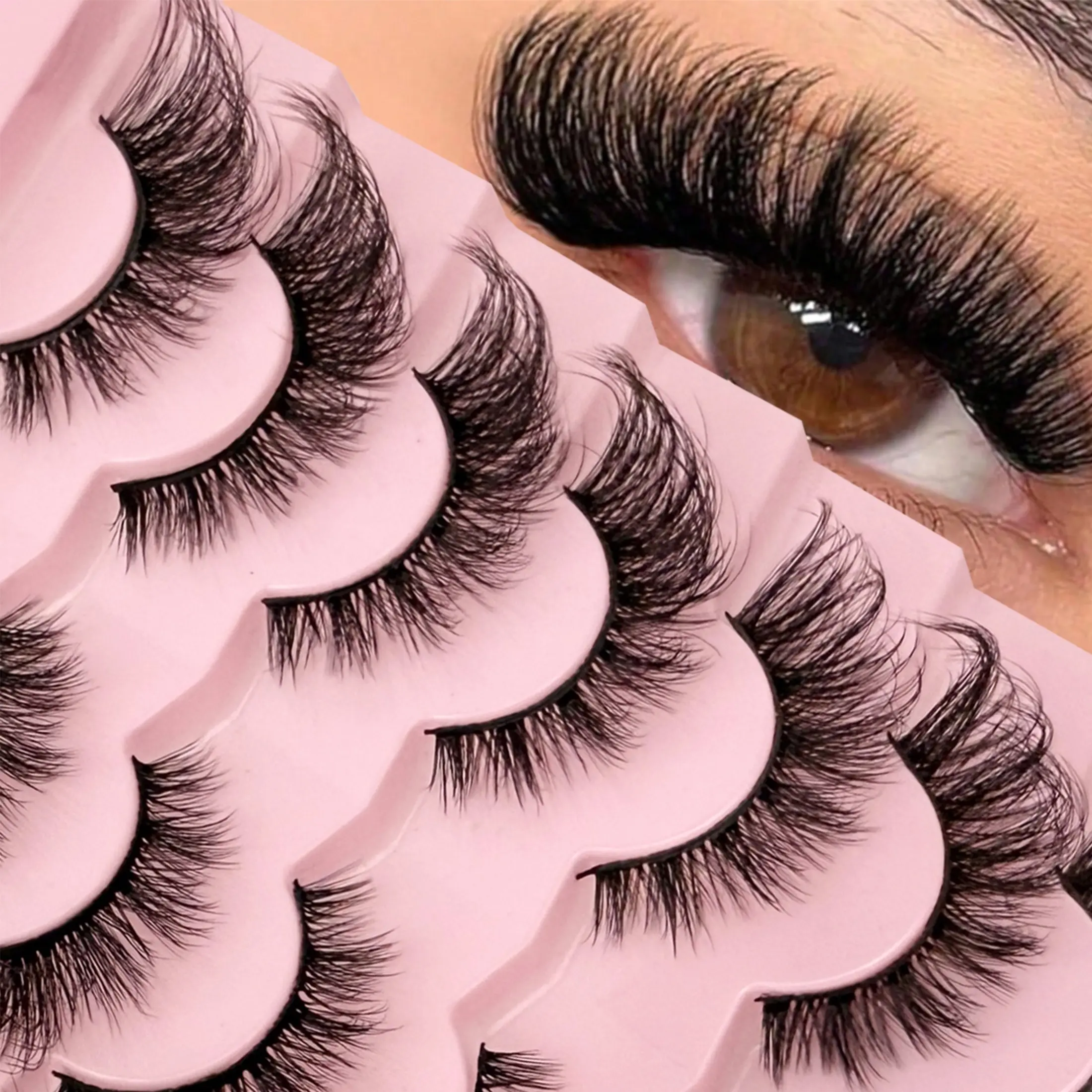 7 Pairs Natural Fluffy False Lashes, D Curl, Strong Band, Natural Lift, Eye Tail Extension, Volume Look, Natural Big Eyes, Strip Lashes, Volume Focused Lashes