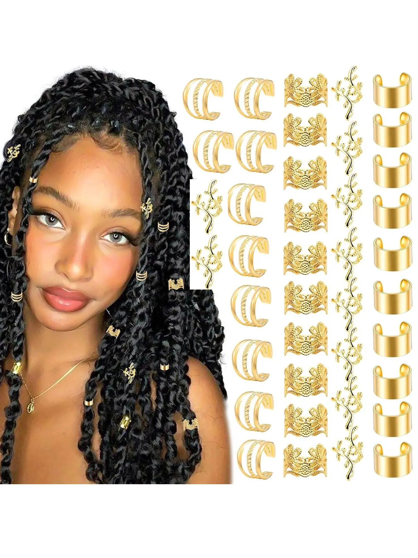 40PCS Gold Hair Jewelry for Braids Multi Style Elegance Cuffs Rings | Hair Dreadlock Accessories, Locs Braid Clips, Metal Loc Accessories for Women Pirate Hair Accessories