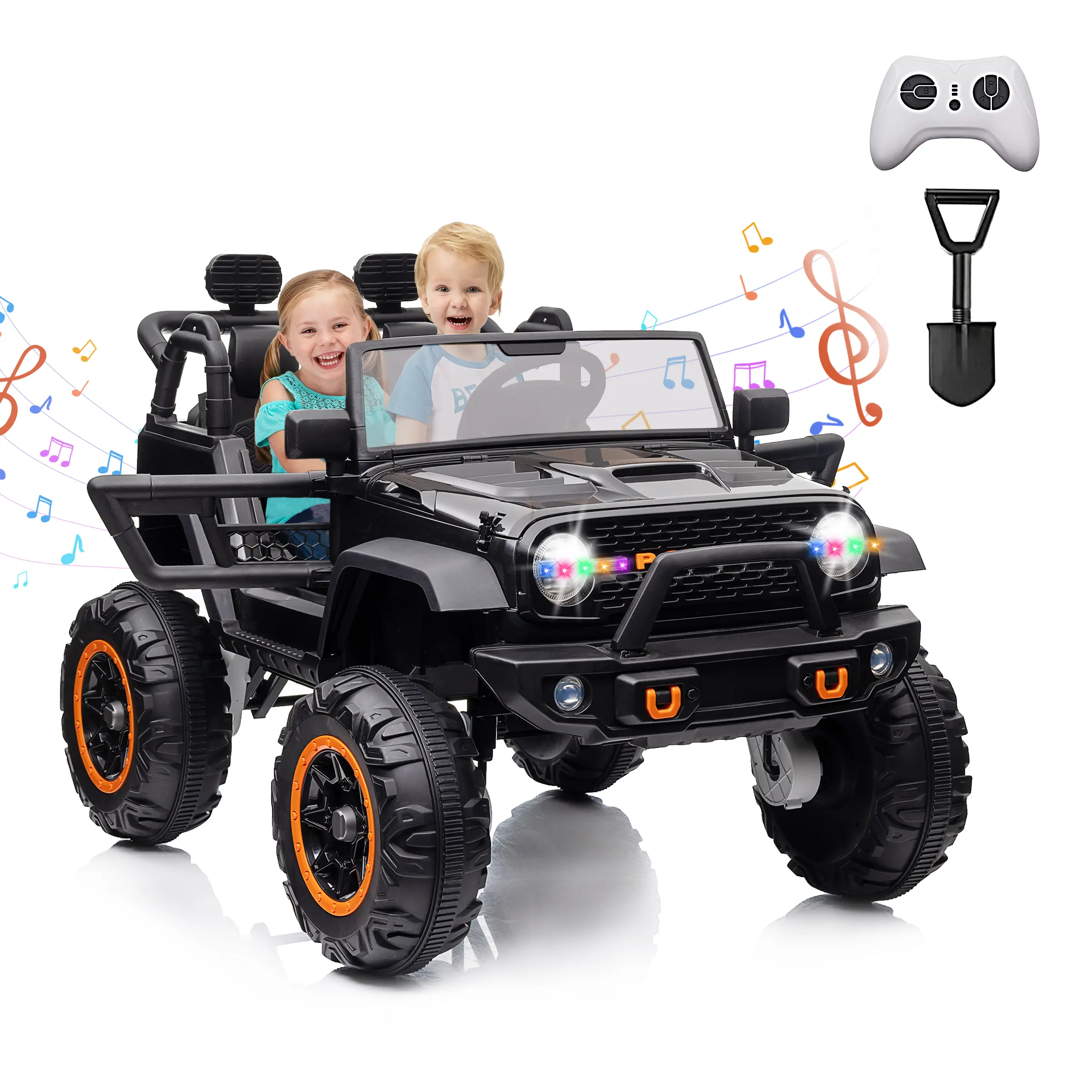 24V 2-Seater Electric Ride-On Car for Kids – 4-Wheeler Truck Style, 5.5MPH Max Speed, Remote Control, Accelerator Pedal, Treaded Tires, Music System, Dual Drive – for Ages 4-8 – Black