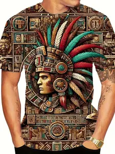 Men Aztec Native Headdress Feather Totem Stone Carving Graphic Short Sleeve Crew Neck Top Ethnic Vintage Streetwear Male T Shirts