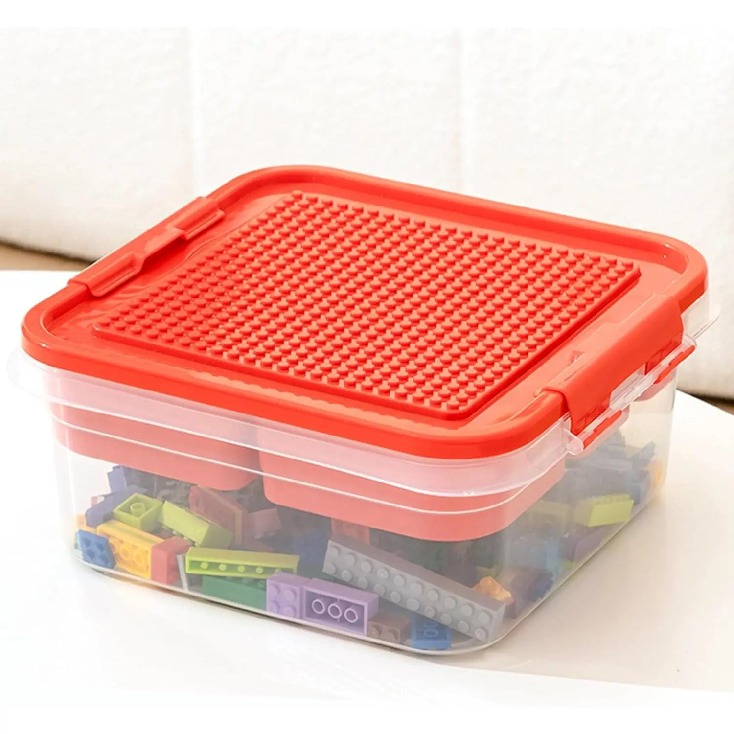 Toy Storage Organizer Bin with Building Baseplate Lid, Clear Blue Double-Layer Plastic Box with 4 Removable Trays for Blocks, Crafts and Small Pieces