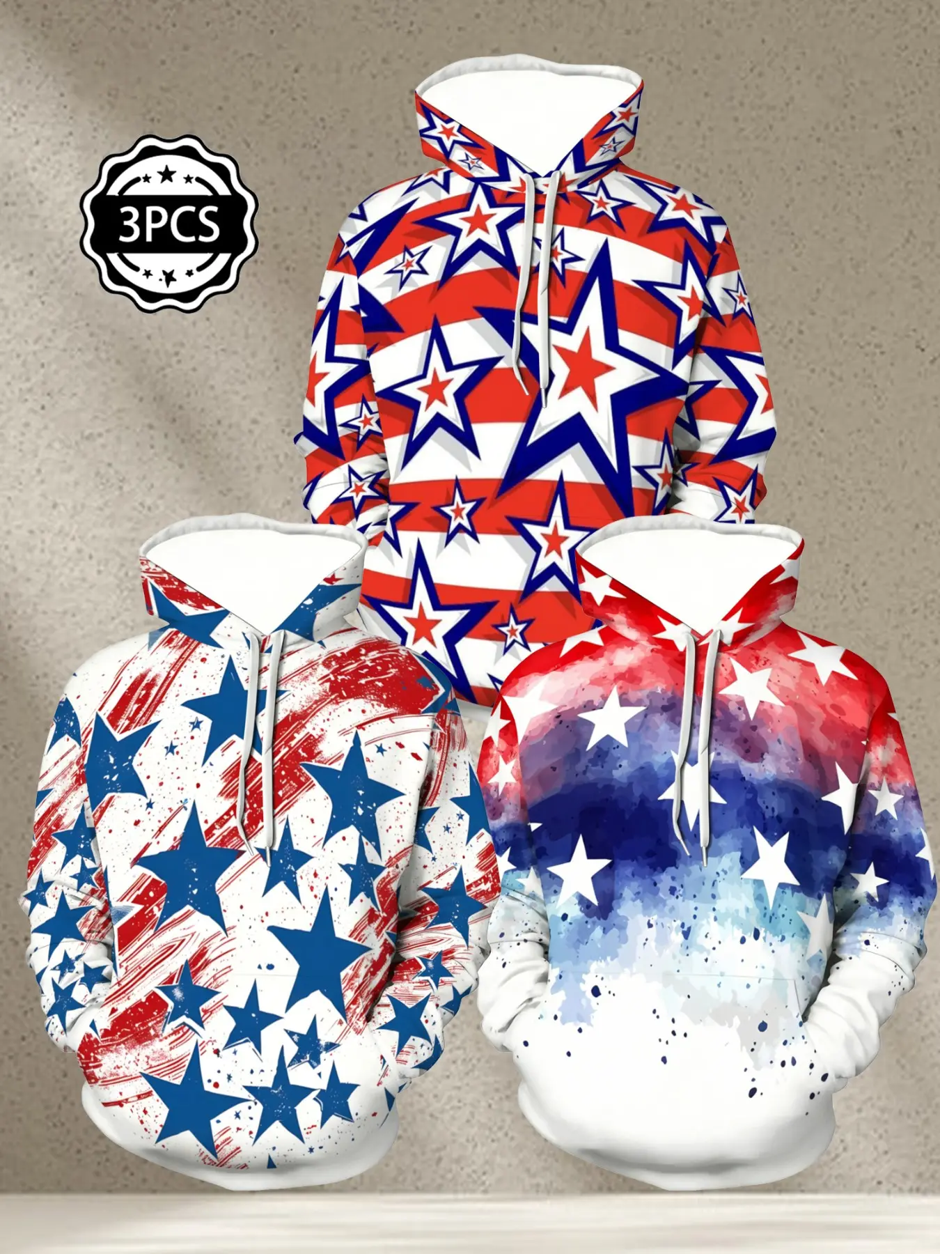 3-Pack American Star Striped Hoodies for Men, Casual Long Sleeve Fitted Hoodie, Raw Wash All over Print, Streetwear Style