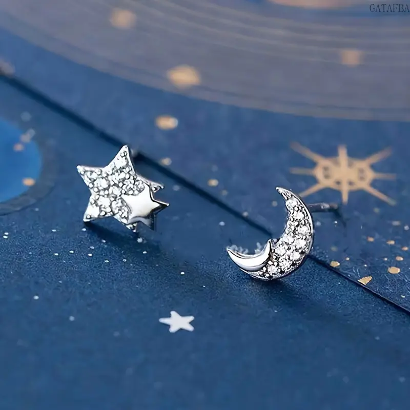Forest Style Asymmetric Star and Moon Rhinestone Stud Earrings, Fresh Unique Versatile Ear Jewelry for Women