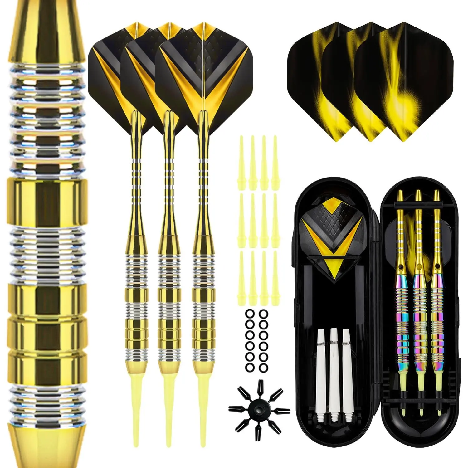 3-Piece Gold Flame Soft Dart Set, Golden Dart Tube, Plastic Soft Dart Tips, Electronic Dart Board Accessories, Portable Storage Box