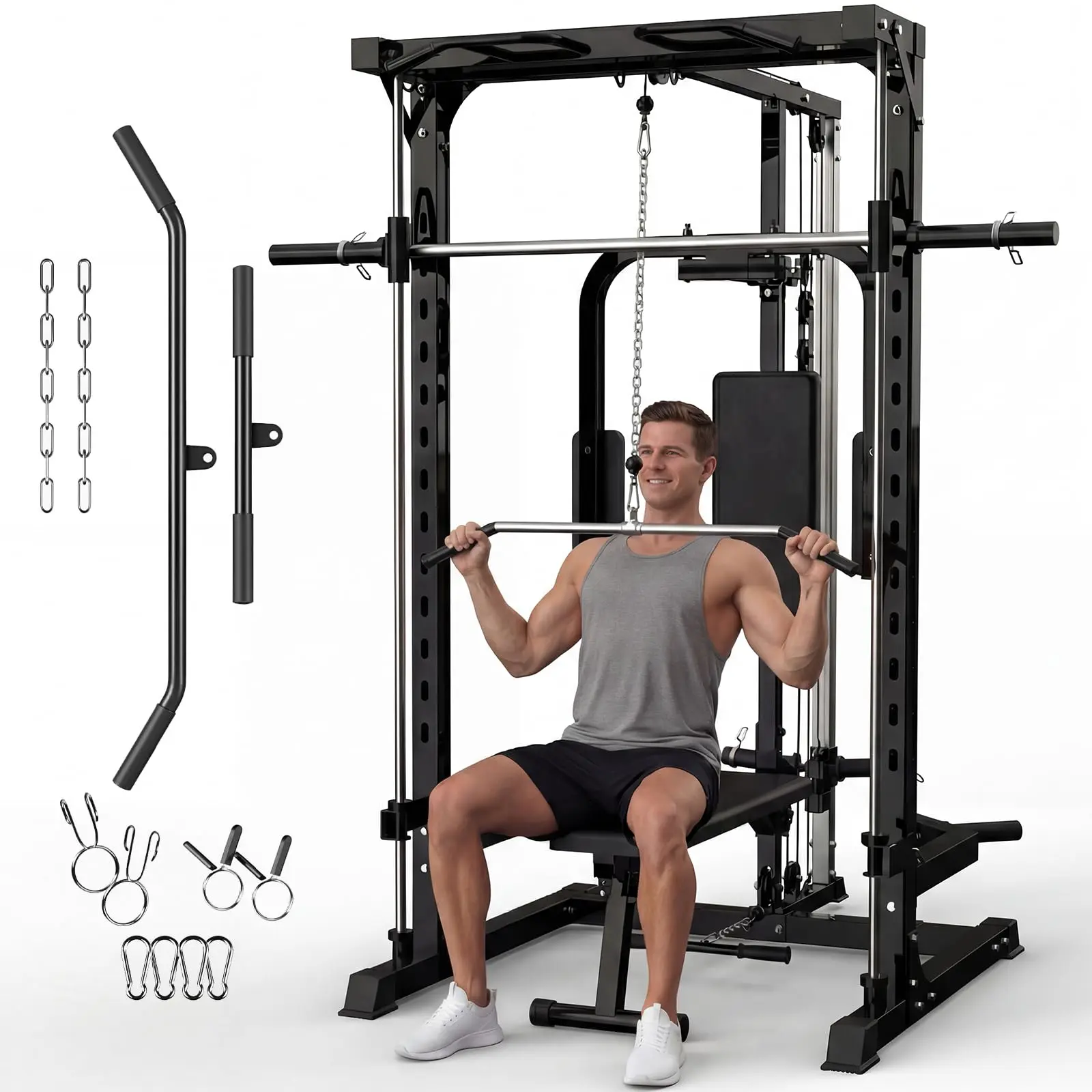 Gaomon Smith Machine Power Cage, 1000lbs Heavy-Duty Carbon Steel Strength Training Station with Adjustable Bench, LAT Pulldown for Home Garage Gym