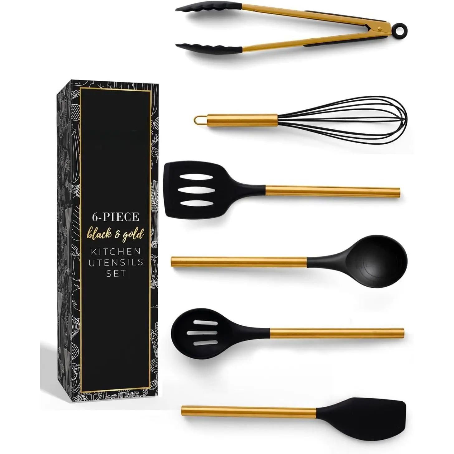 Black and  Kitchen Utensils Set, 6- |  Utensils Set Include Tongs, Whisk, Serving Spoon, Spatula, & Turner for Stylish Cooking -  Kitchen Accessories