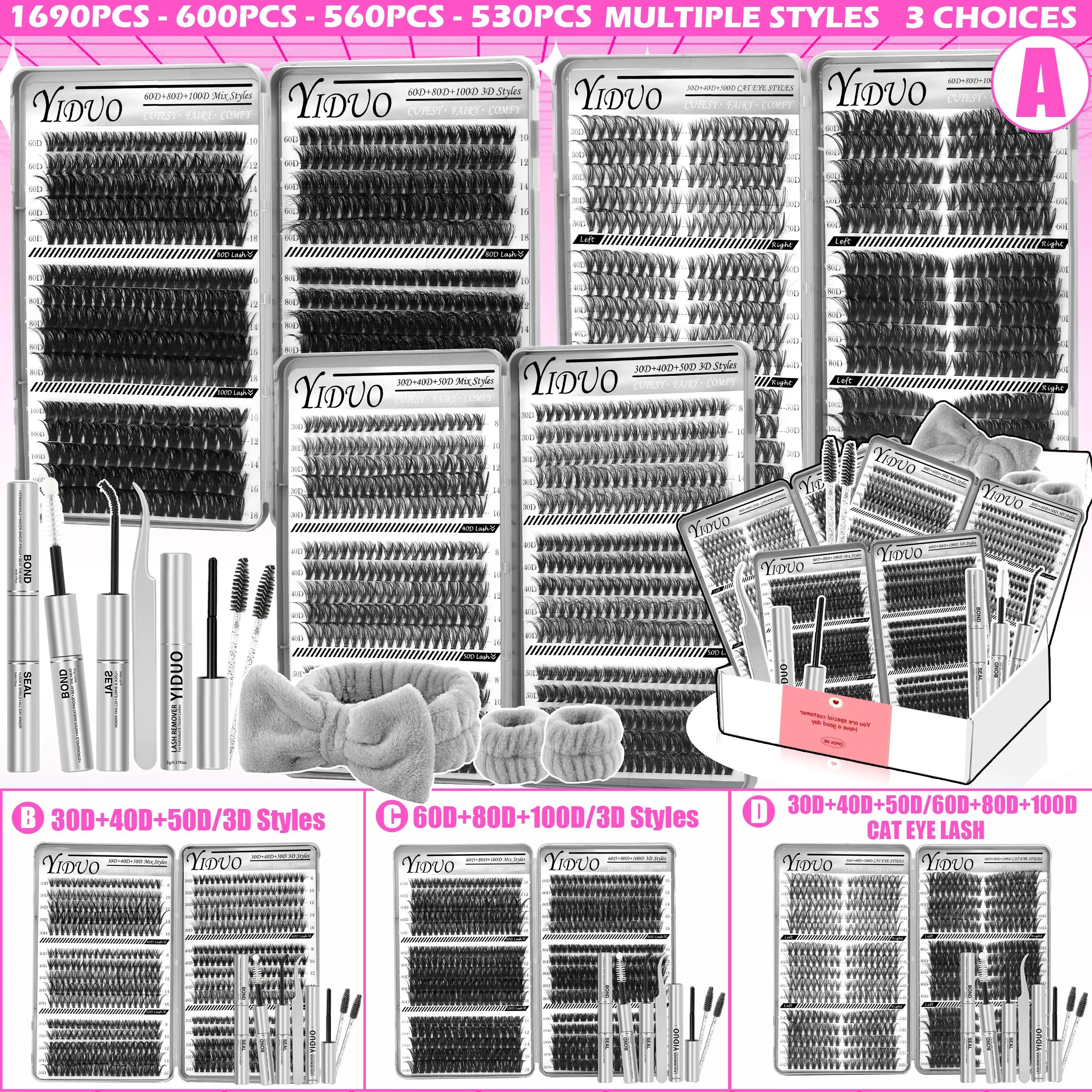 YIDUO Complete DIY Lash Clusters Kit – 1690Pcs Volume Lashes (30D/40D/50D/60D/80D/100D + 3D), D Curl Individual False Eyelashes with Bond, Seal, Tweezers, Remover and Brush for Extensions
