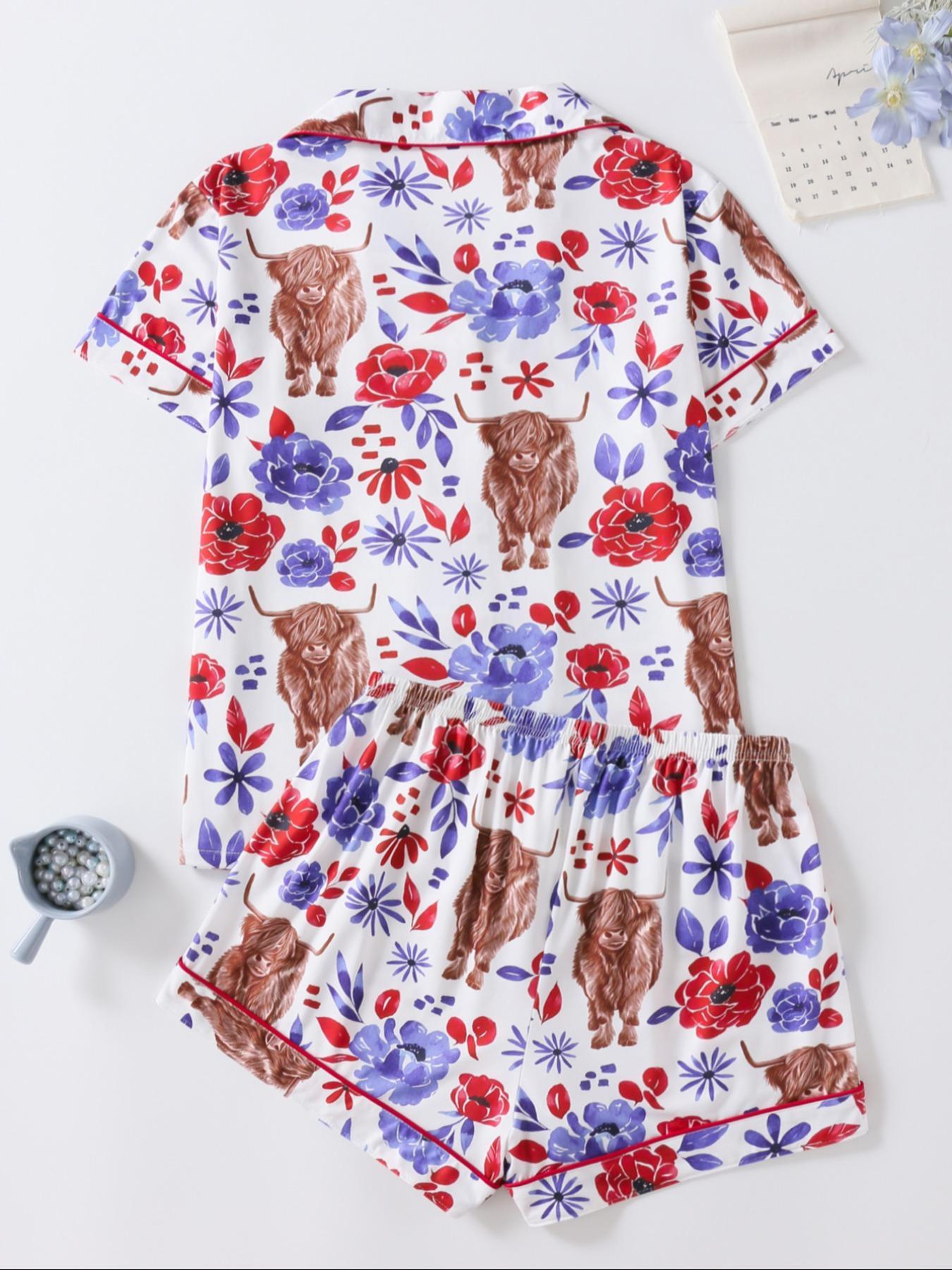 Women's Floral & Cow Print Top & Shorts Pajama Two-piece Set, Casual Comfy Short Sleeve Top & Shorts Pajama Set, Ladies Sleepwear & Loungewear for Summer, Sleep Pajamas Shorts, Womenswear