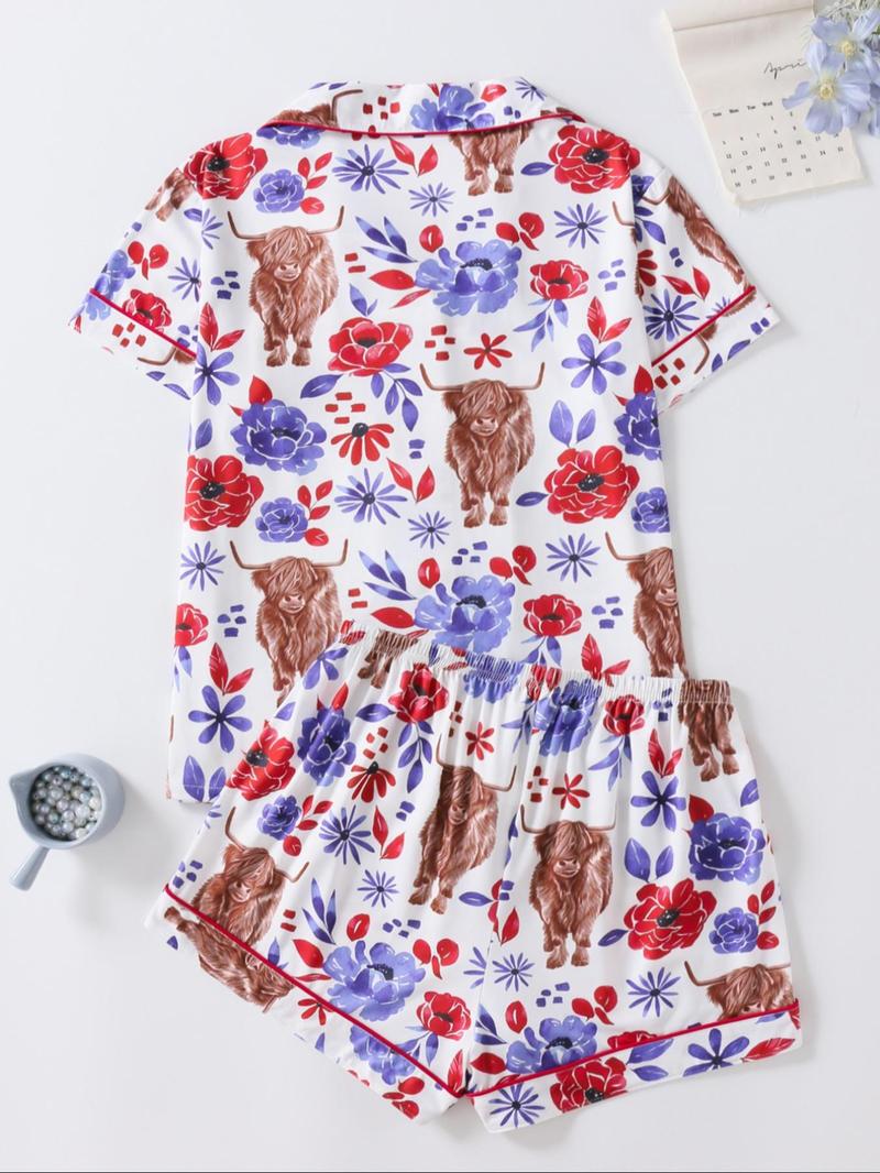 Women's Floral & Cow Print Top & Shorts Pajama Two-piece Set, Casual Comfy Short Sleeve Top & Shorts Pajama Set, Ladies Sleepwear & Loungewear for Summer, Womenswear