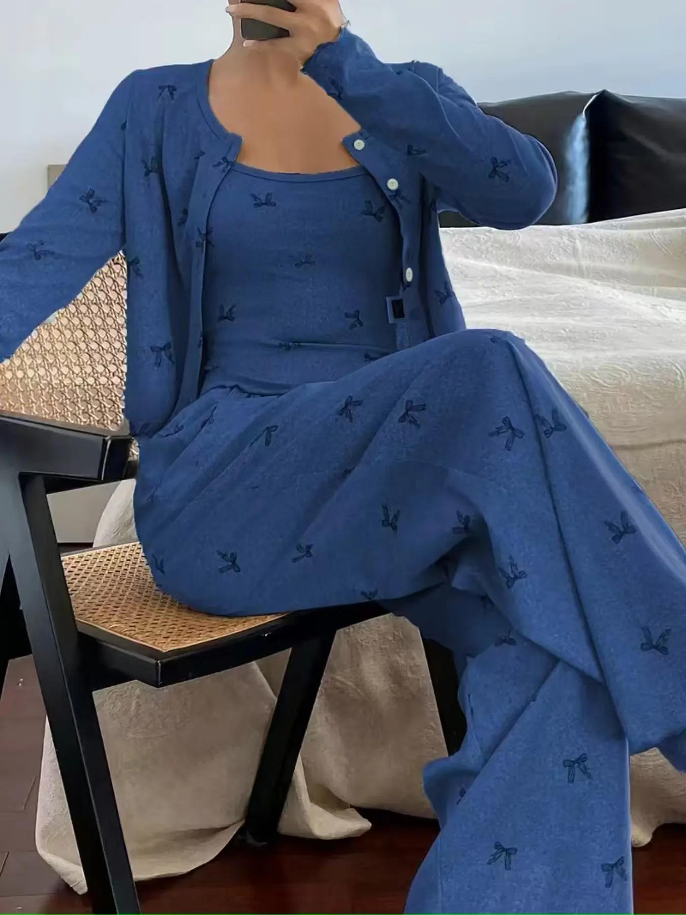 Spring Summer Bow Print Pajama Set Pyjamas, Women's Long Sleeve Tank Top and Pants Three-Piece Homewear, Comfortable Loungewear for Ladies, Casual Pajama Set