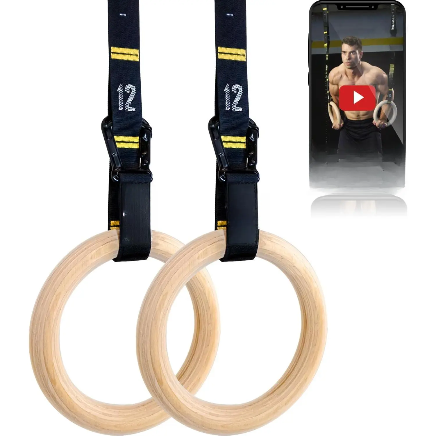 Wood Gymnastics Rings with Quick Adjust Numbered Straps and Exercise Videos Guide - Full Body Workout Rings, Calisthenics, Home Gym (Multi-Size)