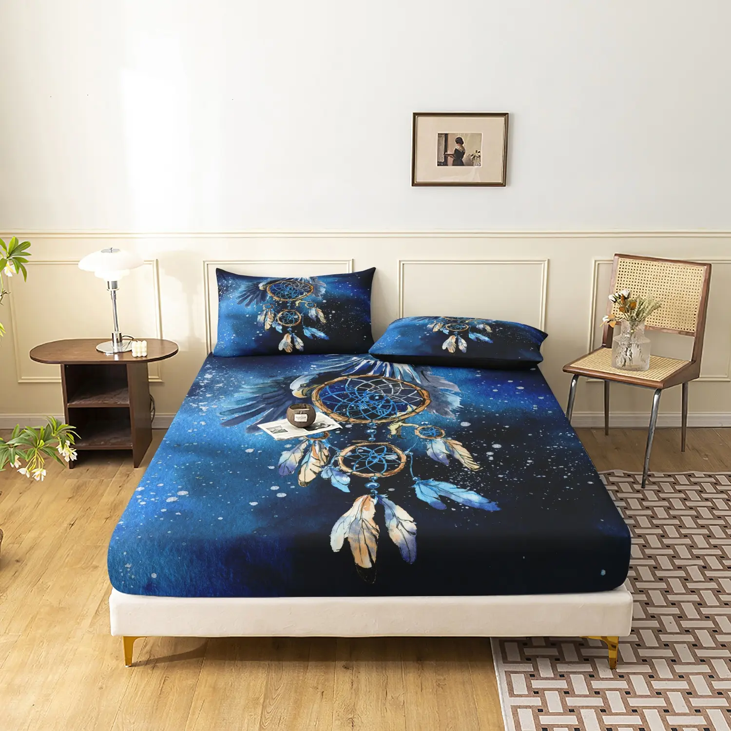 3 Pieces Deep Blue Starry Sky Dreamcatcher Feather Print Fitted Sheet Set, Bohemian Galaxy Snowflake Mystical Print Bedding, Soft Microfiber Boho Aesthetic Bedroom Decor (1 Fitted Sheet + 2 Pillowcases, No Pillow)