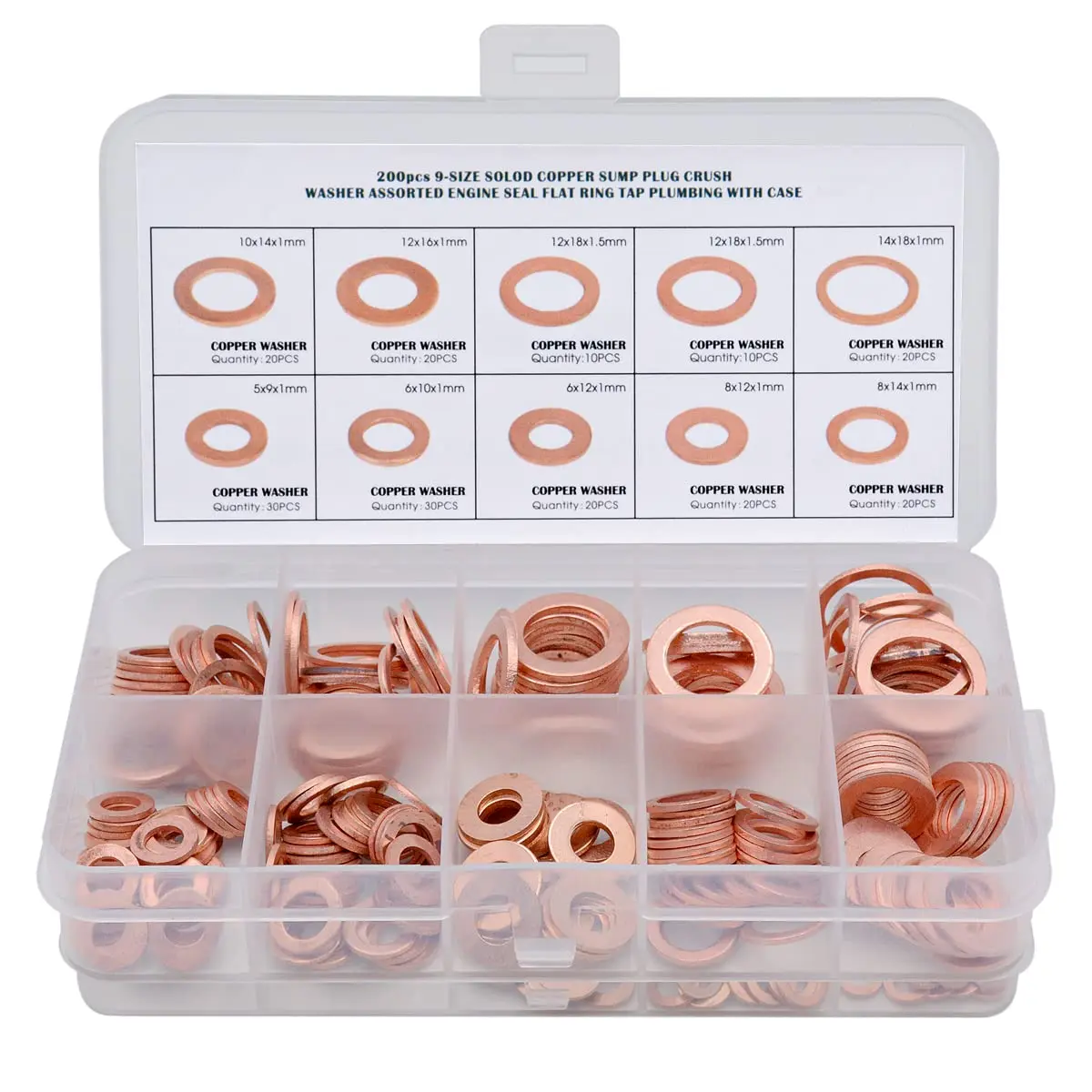 200 count Copper Washers Engine Seal Flat Ring Gasket Fastener Metric Sealing Washer  Set - 9 Sizes