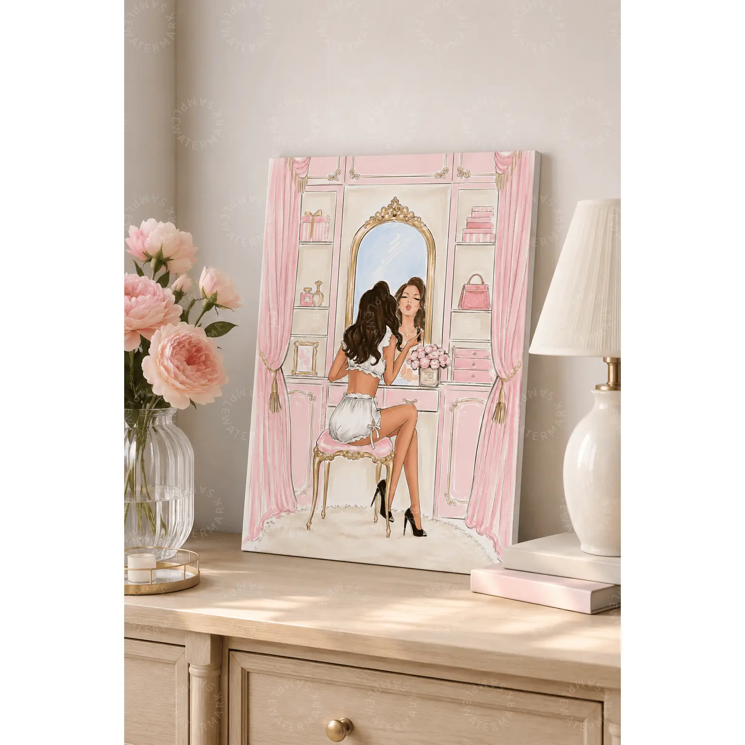 Pink Vanity Girl Wall Art, Glam Beauty Room Aesthetic Poster, Feminine Fashion Illustration Canvas Print, Coquette Bedroom Decor, Makeup Room Wall Art, Teen Room Decor, Gift for Her