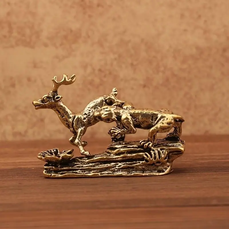 Tiger Chase Deer Brass Ornament, Home Office Desktop Decorative Piece, Small Brass Sculpture for Living Room, Elegant Desk Accessory