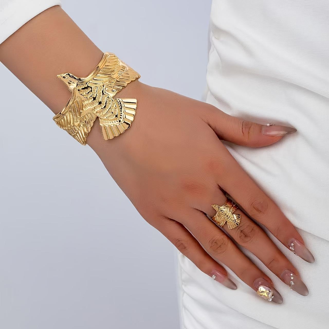 Bold & Edgy Punk-Style Jewelry Set: Eagle-Themed Open Ring and Cuff Bracelet featuring a Smooth Finish, Unique Retro Patterns, and Geometric Design