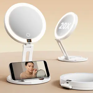 Travel Lighted Makeup Mirror (Gen 3), 20X/1X Dual Sided Magnifying Mirror with Digital Power Display, Rechargeable 3 Color Dimmable CRI 95+ Portable Folding Mirror for Desk & Travel