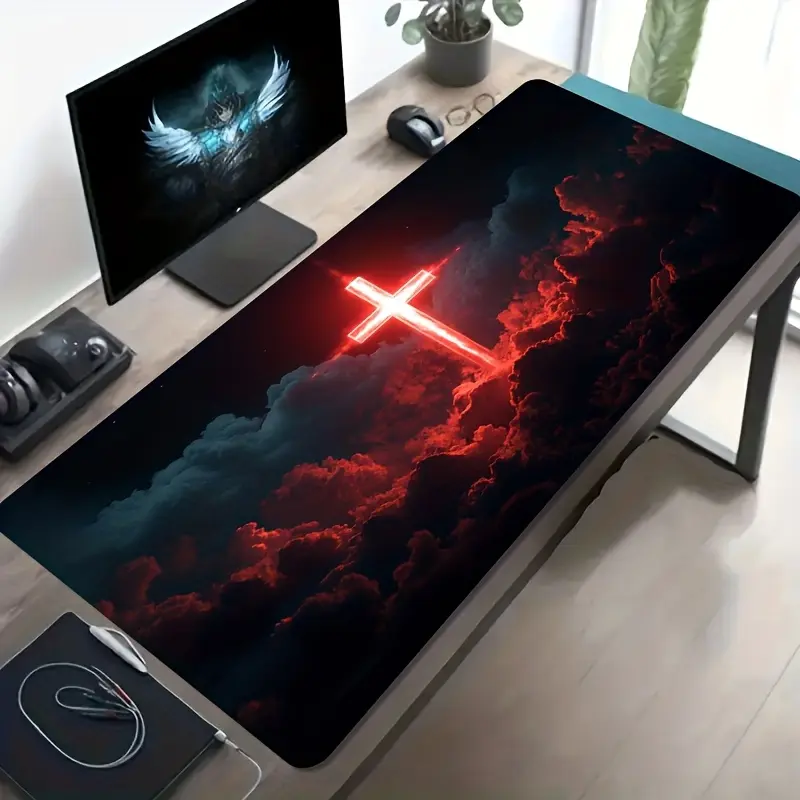 Large E-Sports Gaming Mouse Pad, with Red Luminous Cross And Cloud Pattern, Non-Slip, Washable, Large Size Desk Mat, Office Desk Accessory, Computer Decoration Accessory, Desktop Decoration