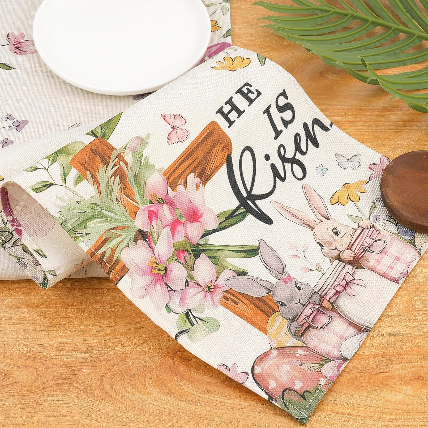 Easter Table Runner 13*72 Inch, Easter Decorations for Table Decor, Bunny Table Runner with Cross Flower, He is Risen Decors Spring Kitchen Dining Table Decor for Home