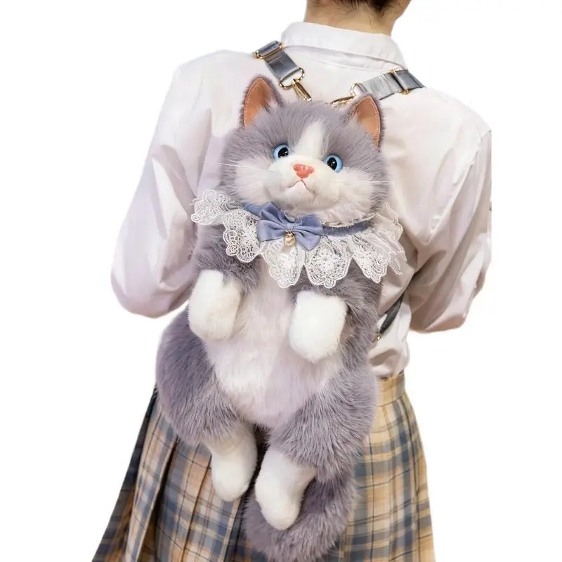 Realistic Simulated Cat Fuzzy Fabric Backpack - Cute Fluffy Kitty Casual Shoulder Bag with Straps, Built-in Organizer, Ideal Gift for Animal Lovers (Sports & Outdoor Protective Gear Accessory)