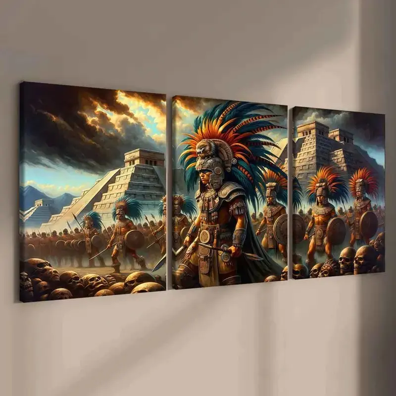 Unframed Canvas Art, Aztec Warrior and Pyramid Wall Mural, Ancient Mexican Civilization Epic Scene, Central American Tribal Leader Decorative Painting