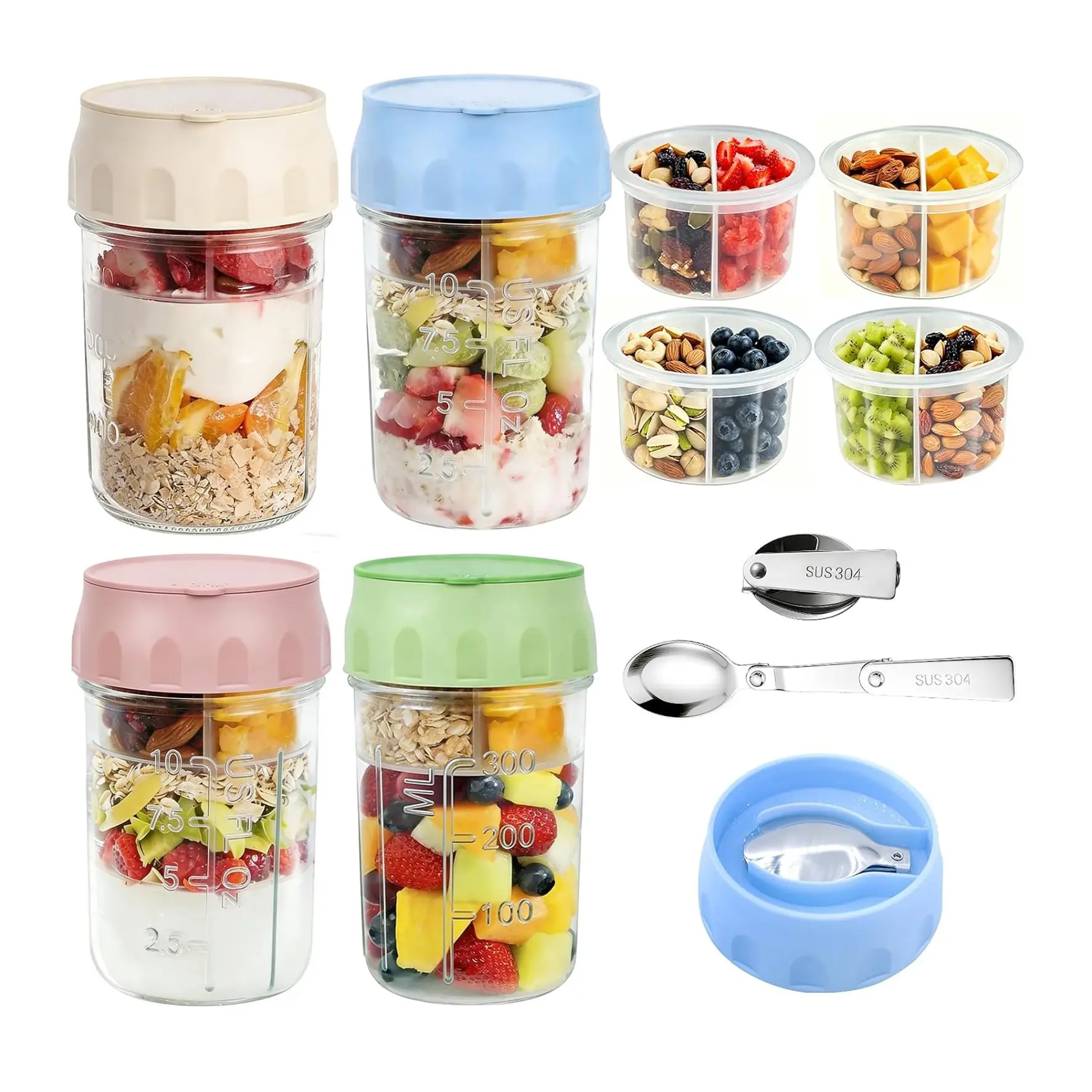4 Piece Overnight Oat Container Set, 16oz Glass Mason Jar with Lid and Foldable Spoon, Leak-Proof Yogurt Cup for Breakfast Prep, Leakproof Food Storage