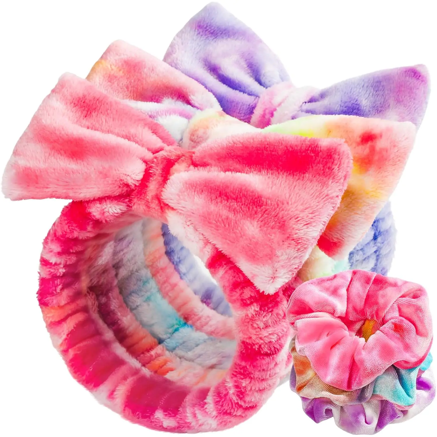 3 count  Headbands, and 3 count Hair Srunchies, Hot /Rainbow/Violet | Soft Fuzzy Makeup Headbands, Skincare Headbands for Washing , Birthday Christmas  Stuffers, for Women Teens Girls