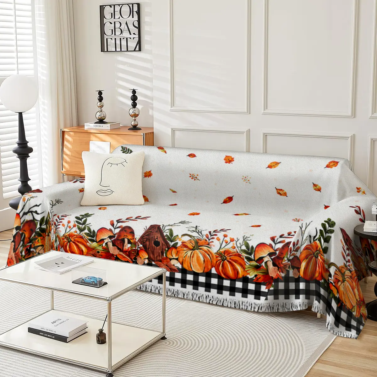 Autumn pumpkin leaf sofa cover machine washable sofa towel suitable for decorating sofas in bedrooms and living rooms throughout the year