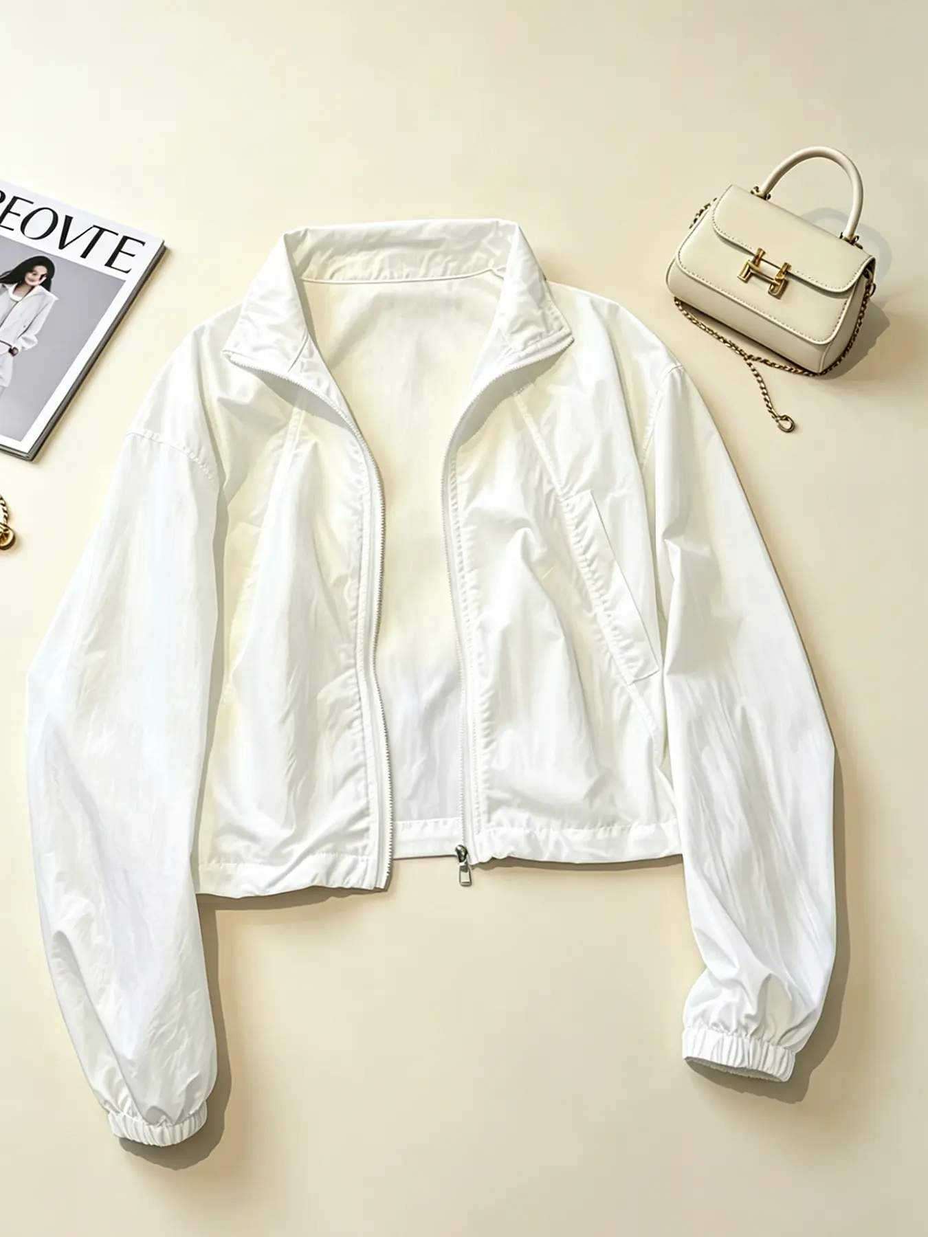 A women's fashionable Minimalist pure white stand up collar zipper jacket, with lightweight and slightly wrinkled sleeves and side pockets, suitable for commuting, outdoor play, indoor and outdoor wear
