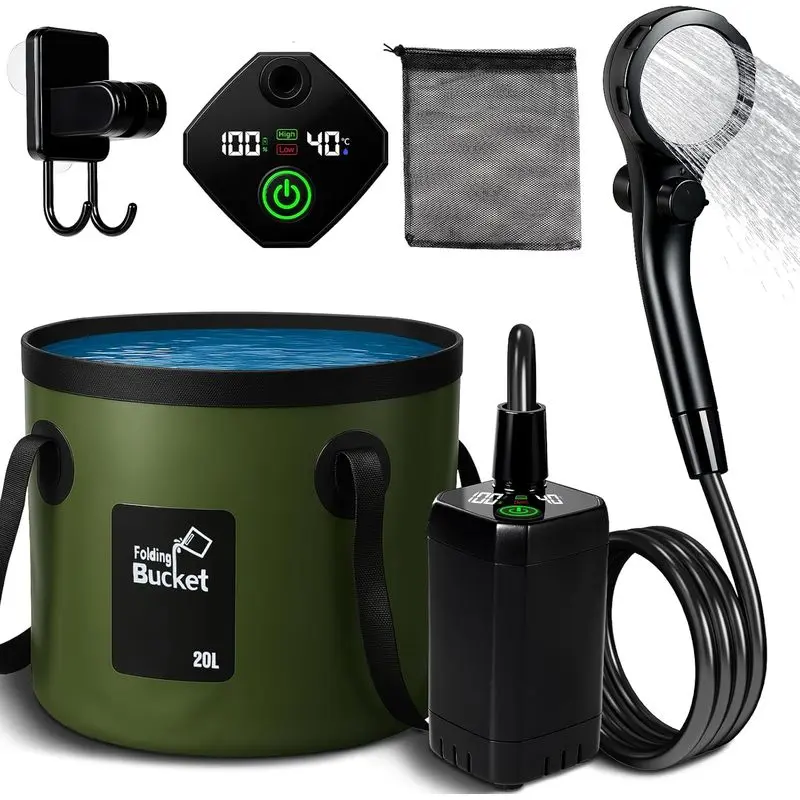 Portable Camping Shower, 6000mAh Rechargeable Shower Pump, Large Capacity Foldable Bucket, 6' 7" Filtered Shower Head, Summer Beach, Outdoor Camp Showering, Hiking, Pet Bath, RV Car Wash, Water Plant