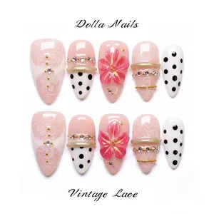 Dolla Nails 100% Handmade 3D Long Almond Press-On Nails, French Tip, Vintage Lace & Polka Dot Floral Design, Luxury Gold Band & Rhinestone Charms,Princess Nails & Soft Girl Aesthetic, Reusable Salon-Quality Manicure for Daily Wear, Dates & Vacation
